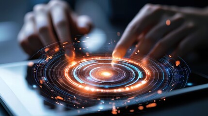 Poster - futuristic digital energy visualization with glowing swirling fractal light patterns