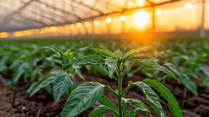 Poster - Greenhouse sprouts with sunlight shining through a lush green indoor farm