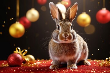 Wall Mural - there is a rabbit sitting on a red surface with christmas decorations