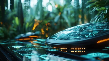 Poster - Futuristic Spacecraft Cockpit with Glowing Digital Displays and Interfaces