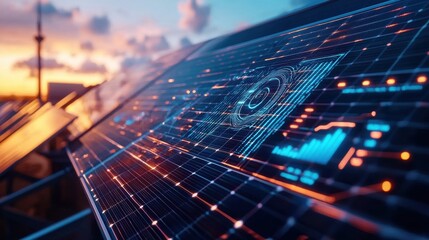 Poster - Futuristic Digital Network Landscape with Renewable Energy Solar Panels and Microchip Circuits Illustrating Clean Tech Innovation and Sustainable