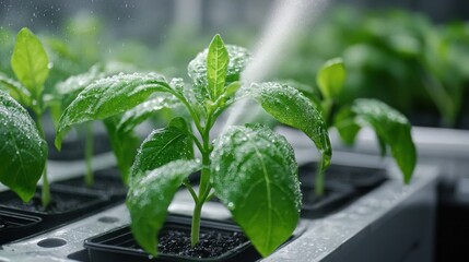 Poster - Close up of Thriving Green Seedlings in Hydroponic Planter Under Refreshing Raindrops in Garden Setting