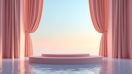 Poster - 3d render abstract platform podium on water and waving curtains. Realistic pastel mock-up for products promotion. Abstract modern minimal background with empty podium
