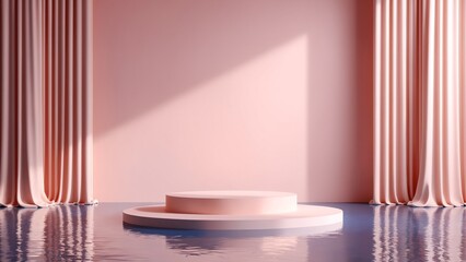 Poster - 3d render abstract platform podium on water and waving curtains. Realistic pastel mock-up for products promotion. Abstract modern minimal background with empty podium