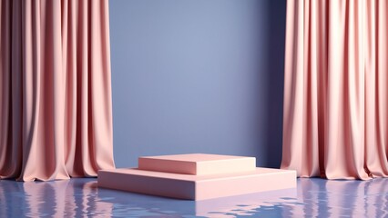 Poster - 3d render abstract platform podium on water and waving curtains. Realistic pastel mock-up for products promotion. Abstract modern minimal background with empty podium
