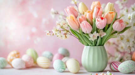 Aufkleber - Pastel tulips gracefully fill a vase, their delicate hues complemented by an assortment of colorful eggs. A spring atmosphere radiates joy, evoking feelings of renewal and warmth