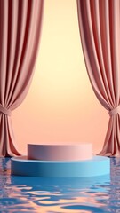 Poster - 3d render abstract platform podium on water and waving curtains. Realistic pastel mock-up for products promotion. Abstract modern minimal background with empty podium