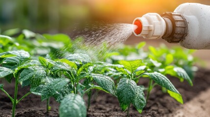 Poster - Freshly Watered Green Leafy Plants in Lush Garden With Sprinkler Providing Moisture for Healthy Growth