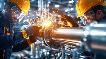Poster - Welding steel pipes in a modern industrial manufacturing facility