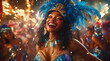 © Duka Mer - A radiant Black woman in an ornate blue and gold carnival costume laughs joyfully, surrounded by dancers in dazzling outfits, as vibrant feathers and festive energy fill the air at a lively parade.