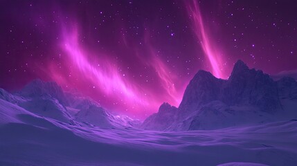 majestic purple aurora lights over a snow-covered landscape, with copy-space