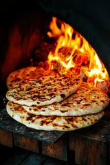 Wall Mural - Breads baking in brick oven with flames for sale. Use for restaurant ads