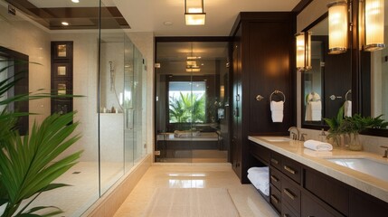 Wall Mural - Luxury Bathroom with Glass Shower and Dark Wood Cabinets