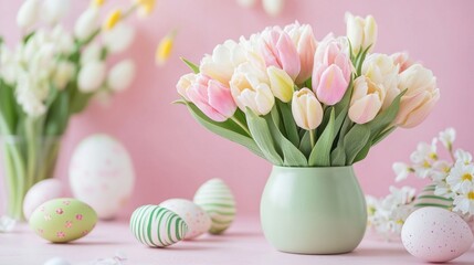 Aufkleber - Soft pastel tulips bloom vibrantly in a charming vase, encircled by painted Easter eggs and delicate spring flowers, creating a festive atmosphere perfect for celebrating the season