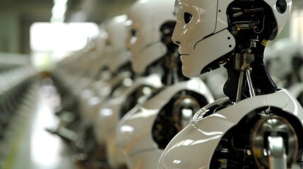 Poster - Gleaming white humanoid robots stands on an assembly line, showcasing advanced robotics and automation.