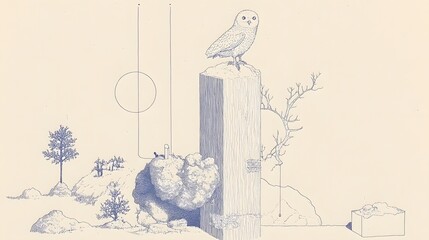 Poster - captivating depicting an owl perched on a geometric silhouette against a backdrop of a crescent moon