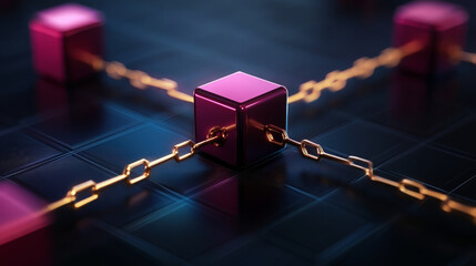 Poster - Brightly colored cubes connected by luminous gold chains create striking visual representation of connectivity and technology. vibrant colors and intricate design evoke sense of innovation and