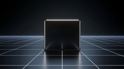 Aufkleber - minimalist digital wall box with glowing edges, set against dark background and grid pattern, creates futuristic atmosphere