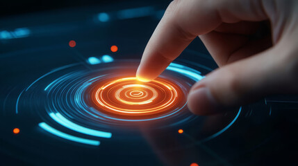 Poster - close up of hand pressing glowing circular button on digital interface, showcasing technology and interaction. vibrant colors create engaging visual experience