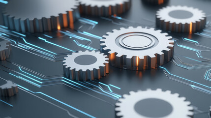 Poster - Futuristic gears interlocking on circuit board, showcasing technology and innovation. metallic surfaces reflect light, creating dynamic visual effect