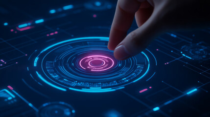 Poster - hand interacting with futuristic digital interface, showcasing vibrant blue and pink elements. design features intricate patterns and glowing circles, evoking sense of advanced technology and