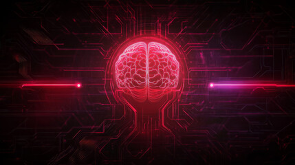 Poster - digital artwork depicting glowing human brain surrounded by circuit patterns, showcasing fusion of technology and neuroscience. vibrant red color adds striking visual impact