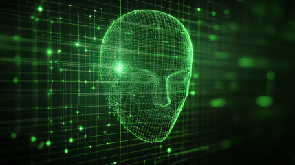 Poster - futuristic digital rendering of human head in green, showcasing intricate lines and glowing elements, representing advanced technology and artificial intelligence