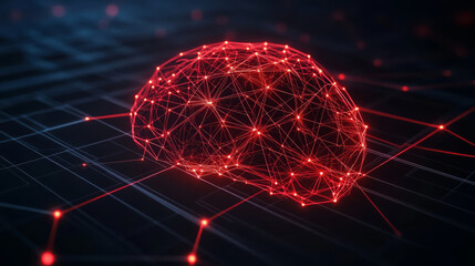 Poster - futuristic digital rendering of human brain composed of glowing red lines and nodes, symbolizing advanced technology and neural networks
