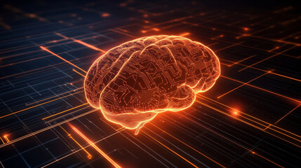 Poster - high tech digital image of human brain with glowing circuits, symbolizing advanced technology and artificial intelligence. vibrant orange lines create futuristic atmosphere