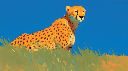 majestic cheetah swiftly running across the tall grass savanna landscape under a clear blue sky in t
