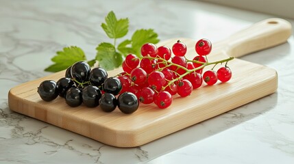 Wall Mural - A beautiful flat lay of blackberries and redcurrants on a wooden cutting board.