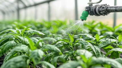 Poster - Greenhouse Irrigation System Spraying Water on Lush Green Leafy Plants for Hydroponic Farming and Sustainable Agriculture