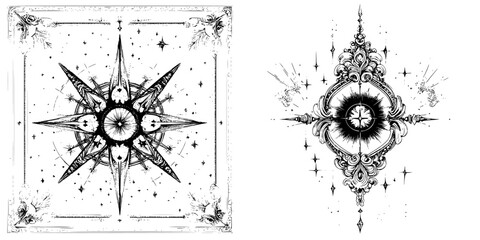 Poster - Intricate black and white compass designs showcasing celestial elements with ornate star patterns and decorative flourishes