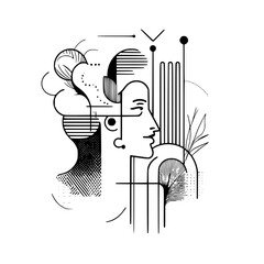 Poster - Stylized illustration of a woman's profile with abstract geometric elements and nature-inspired motifs