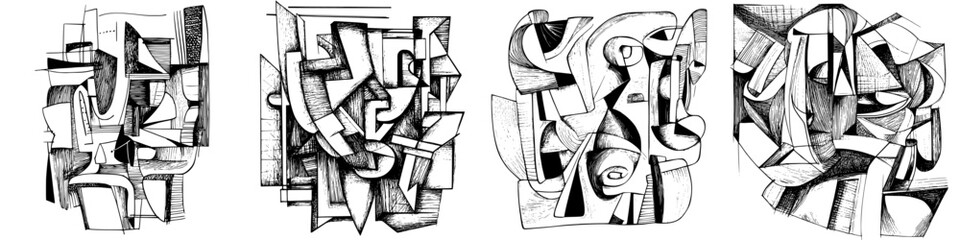 Poster - Abstract black and white artwork showcasing geometric shapes and lines in a modern artistic style
