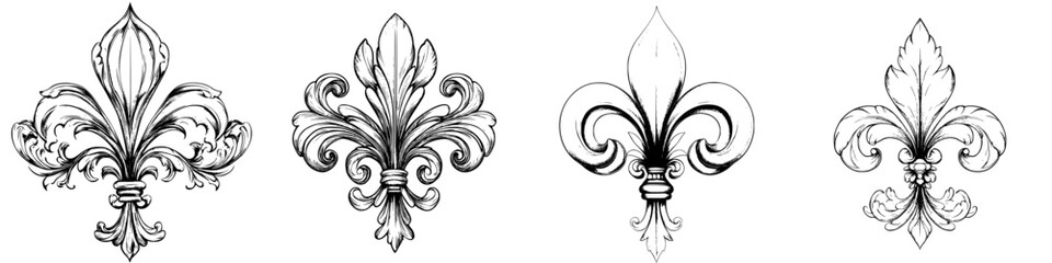 Poster - Decorative floral designs featuring fleur-de-lis elements in black and white sketches for artistic inspiration