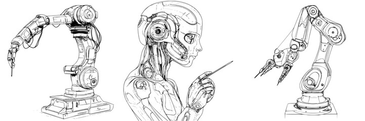 Poster - Robotic arm and humanoid robot showcasing advanced technology and design in a futuristic concept