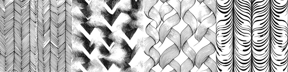 Poster - Intricate black and white textile patterns showcasing various weaving techniques with detailed lines and shapes