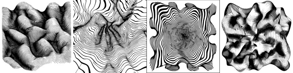 Poster - Black and white abstract patterns with flowing lines and varied textures in a series of four shapes evoking a sense of movement and depth