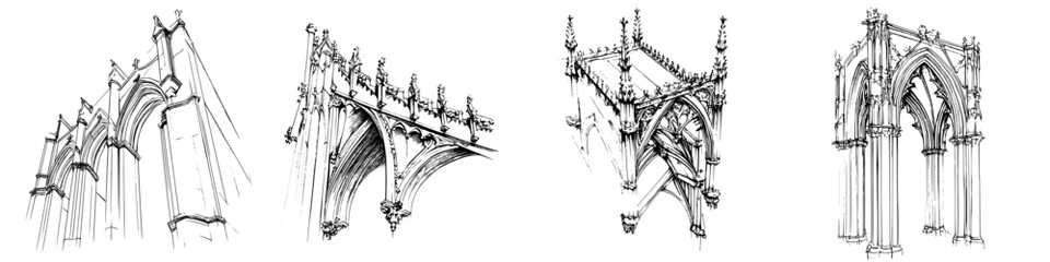 Poster - Detailed sketches of gothic architecture showcasing intricate designs from different angles