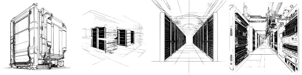 Poster - Blueprints of a modern data center showcasing server racks and cooling systems in a structured layout