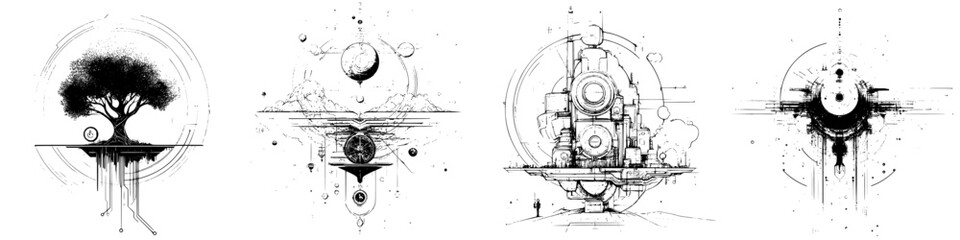 Poster - Intricate black and white illustrations of trees, planets, machinery, and abstract shapes create a surreal visual journey