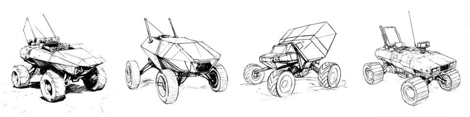 Poster - Innovative hand drawn vector illustration showcasing futuristic vehicles in a dynamic lineup