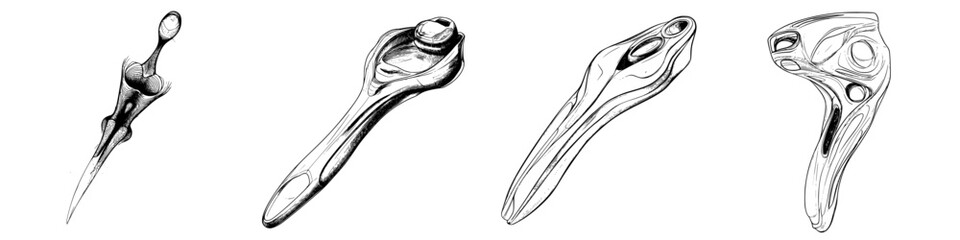 Poster - Hand-drawn vector illustration of unique tool designs showcasing innovative shapes and functionality in a minimalist style