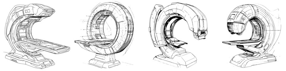 Poster - Hand-drawn vector illustration showcasing a futuristic medical imaging device in various angles and details