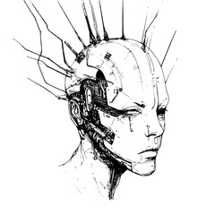 Poster - Conceptual hand-drawn vector illustration of a futuristic humanoid with cybernetic features and intricate details