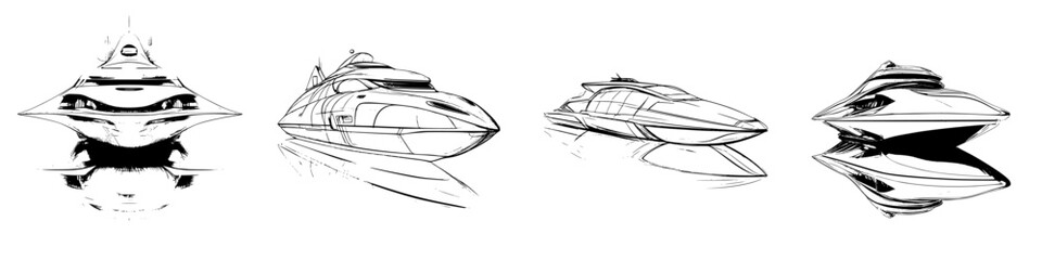 Poster - Unique hand-drawn vector illustrations of futuristic boats showcasing innovative designs and sleek features