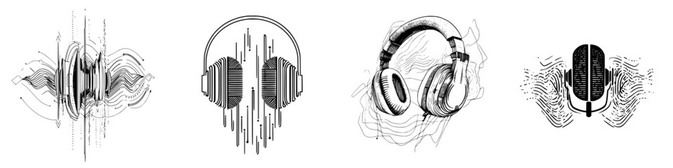 Poster - Vector illustration featuring hand-drawn audio elements including headphones, sound waves, and a microphone design