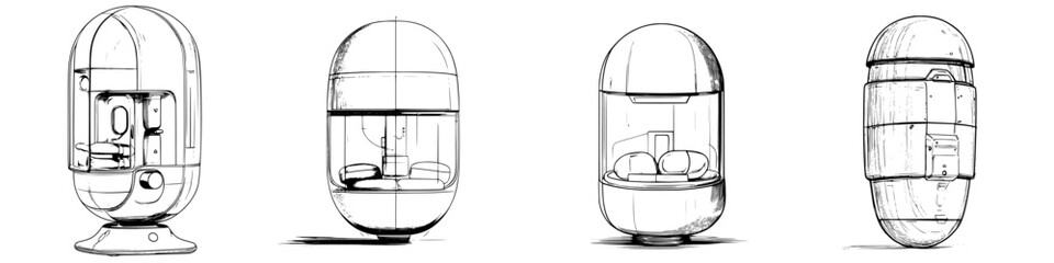 Poster - Vector illustration of hand-drawn futuristic capsules showcasing innovative design concepts with various perspectives