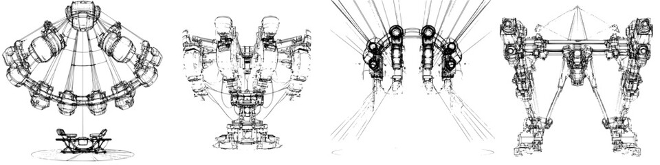 Poster - Vector illustration showcasing futuristic robotic designs in hand-drawn style featuring various mechanical configurations